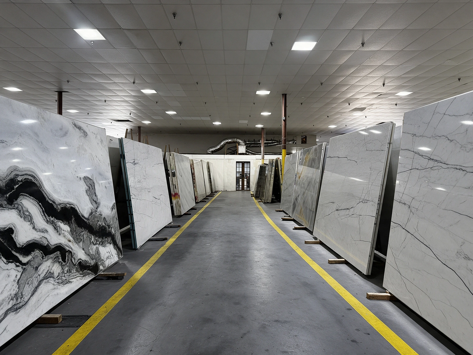 Stone slabs displayed in the AmeriQuartz San Antonio warehouse